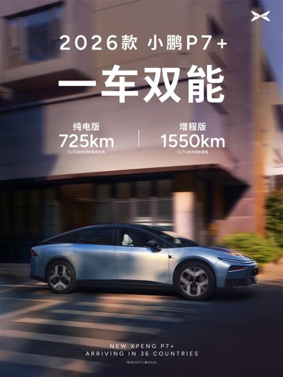 全球36国同步发布!2026款小鹏P7+官宣:全球纯电续航最长增程轿跑