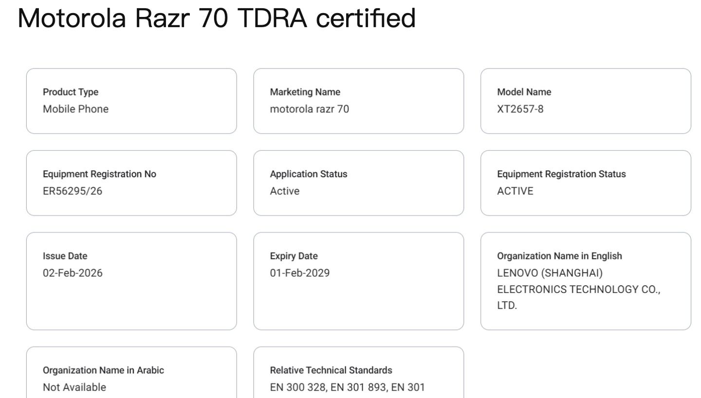 联想旗下摩托罗拉Razr 70系列手机获阿联酋TDRA认证