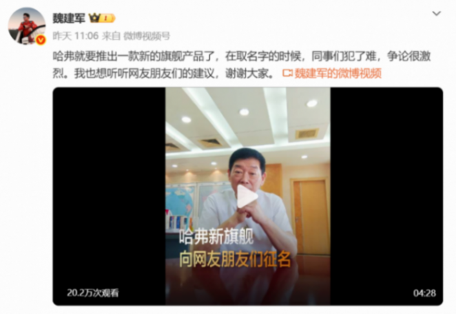 哈弗新旗舰侧视图公布 魏建军向全网征集新车命名